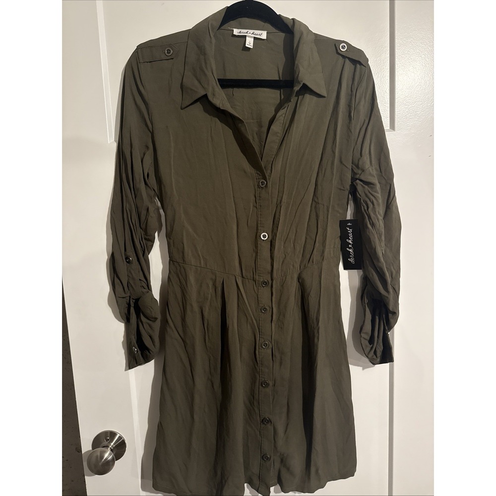 NWT Derek Heart Womens Green Button Up Tie Waist Midi Shirt Dress Large